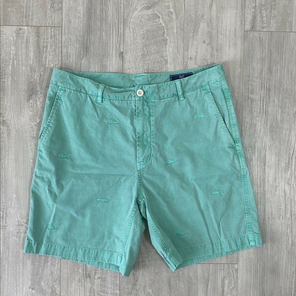 VINEYARD VINES Island Shorts Flat Front Pigment Dyed Chino Cotton 35 Embroidered